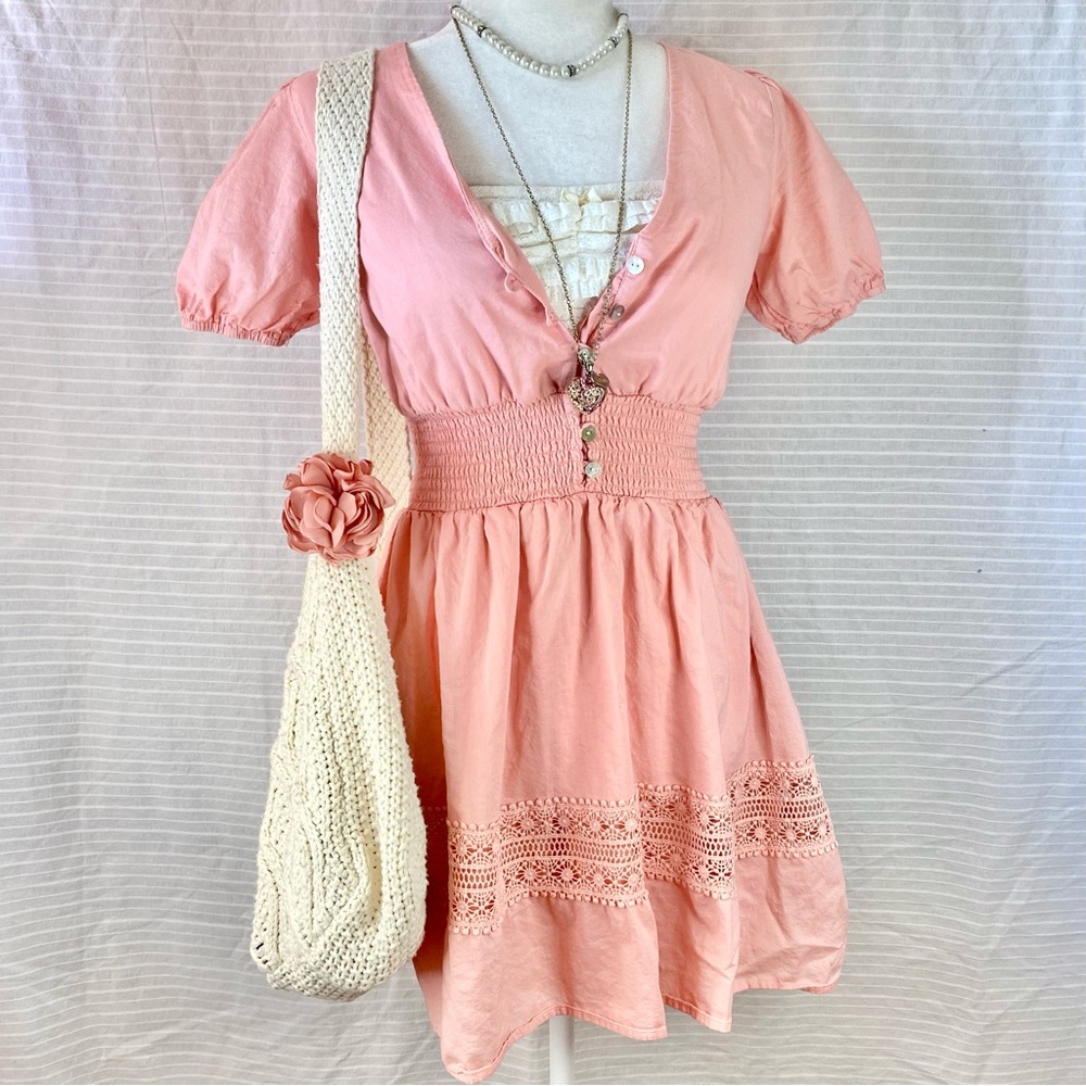 ♡ ruffle floral button up lace trim dress with puffy sleeves ♡